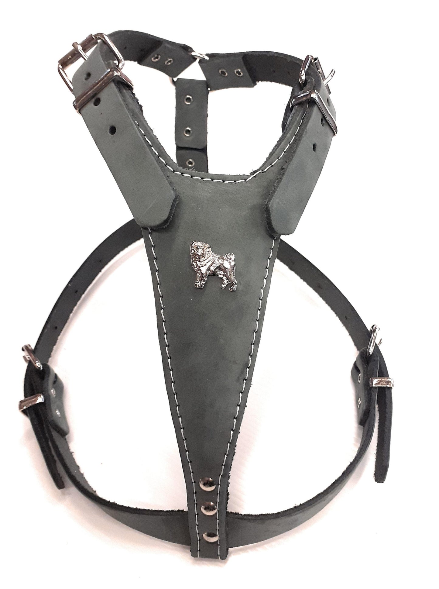 Grey Leather Dog Harness with Pug Head Motif