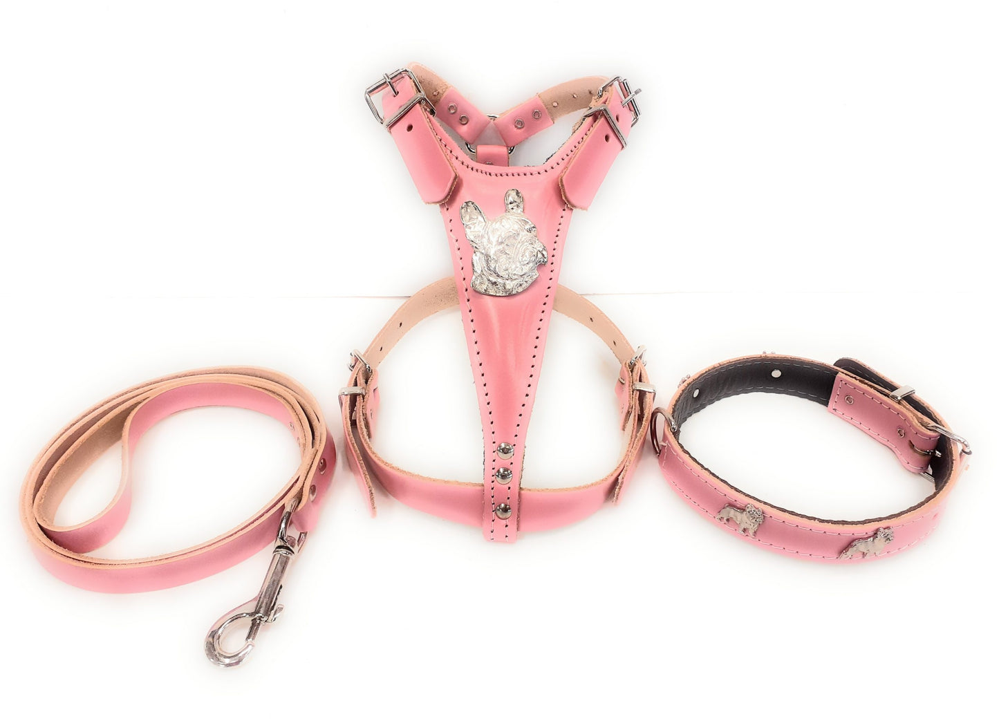 French Bulldog Leather Dog Harness Collar and Lead Set