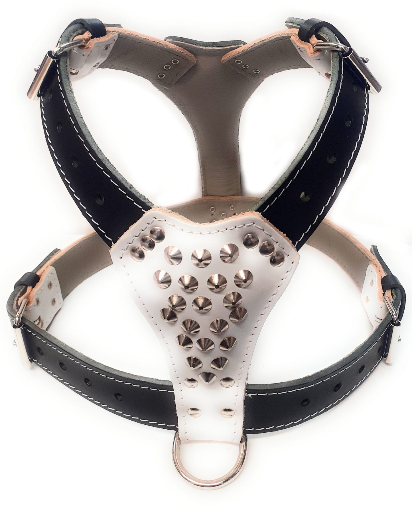 Two Tone White / Black Leather Dog Harness with Staffy Head Motif & Studded Design