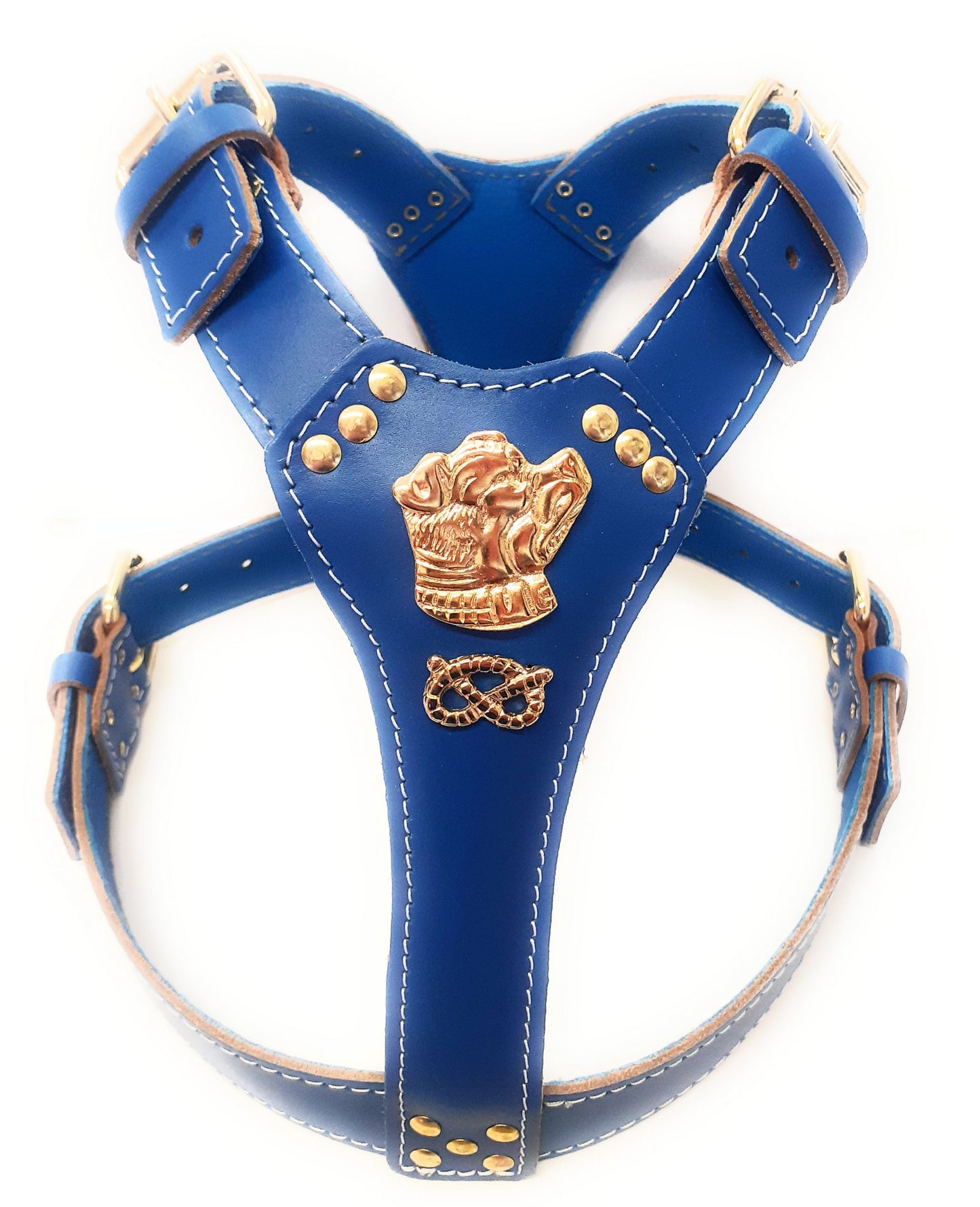 Staffy Blue Leather Dog Harness with Staffordshire Bullterrier Head Motif & Knot