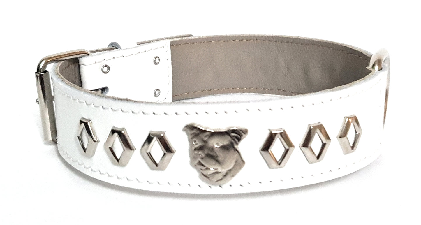 1.5" Staffy Leather Dog Collar with Decorative Design and Staffordshire Bull Terrier Badge