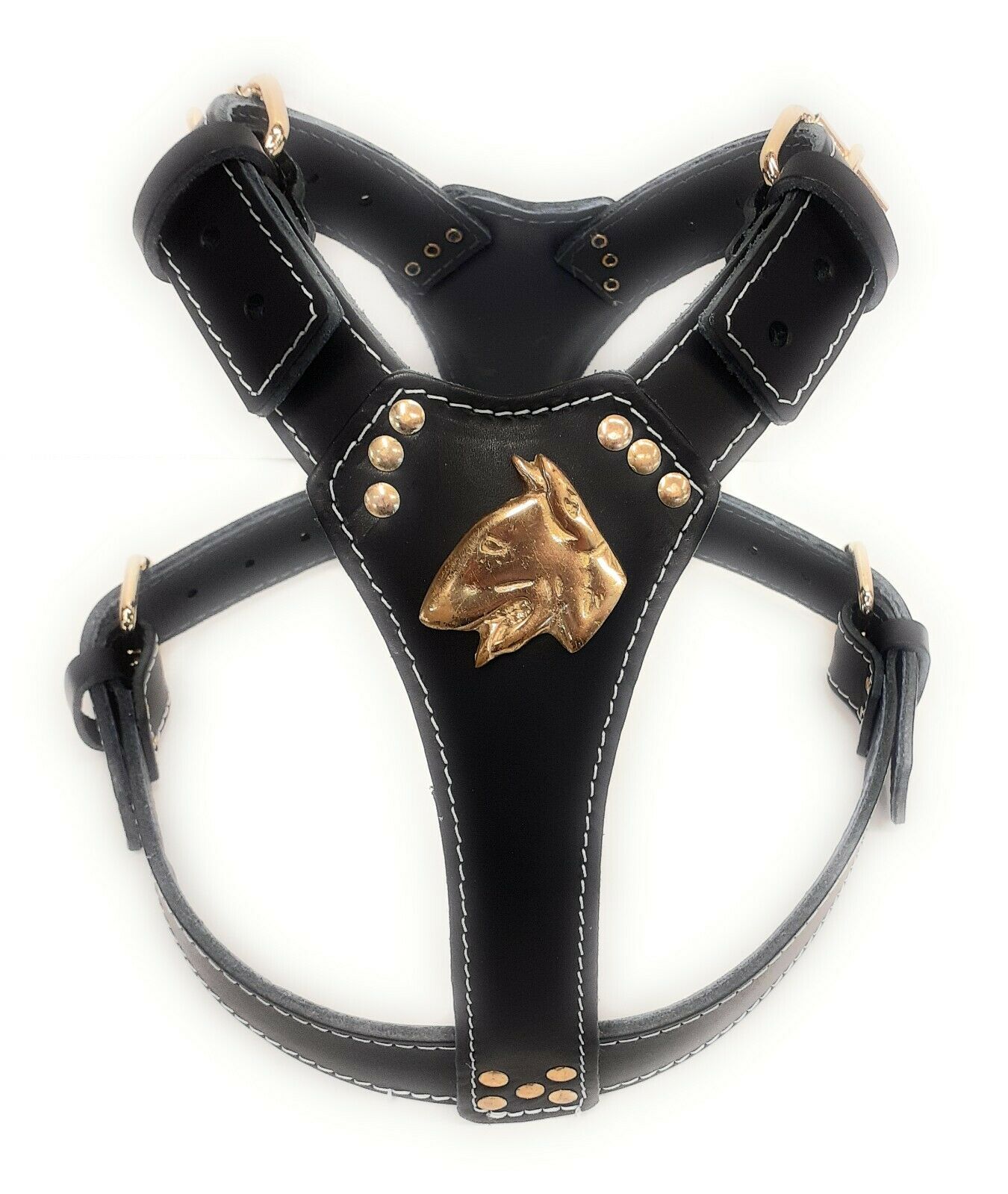 Black Large Leather Dog Harness with English Bull Terrier Head Motif