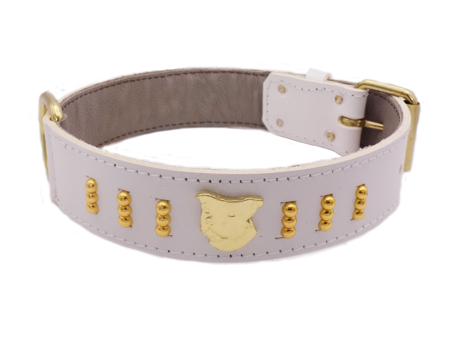 1.5" wide Staffy Leather Dog Collar with Gold Unique Decorative Design and Staffordshire Bull Terrier Badge