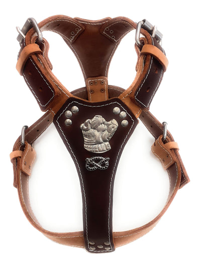 Two Tone Beige / Brown Leather Dog Harness with Staffordshire Bullterrier and Knot