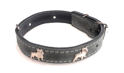 1" Grey Leather Dog Collar with French Bulldog Badges