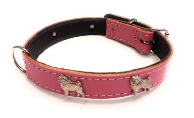 1" Deep Pink Leather Dog Collar with Pug Badges