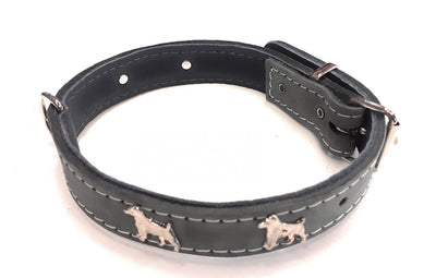 1" Grey Leather Dog Collar with Jack Russell Badges