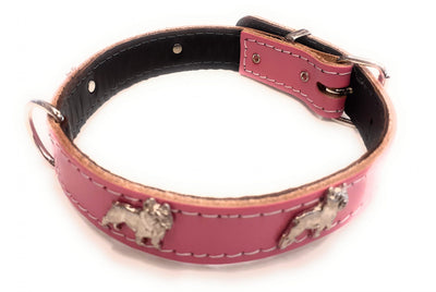 1" Deep Pink Leather Dog Collar with French Bulldog Badges