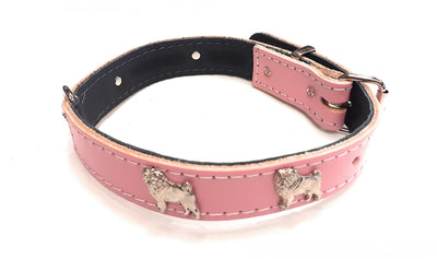 1" Baby Pink Leather Dog Collar with Pug Badges