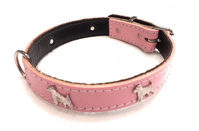 1" Baby Pink Leather Dog Collar with Jack Russell Badges