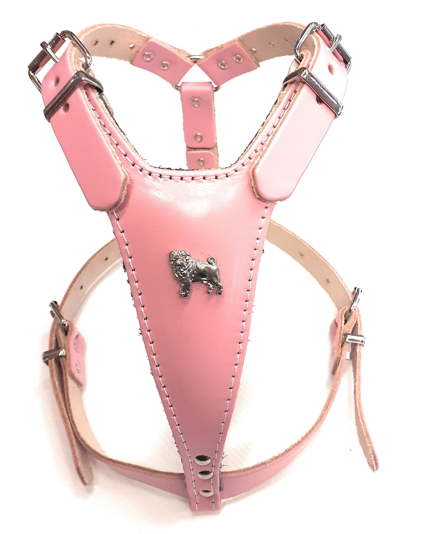Baby Pink Leather Dog Harness with Pug Head Motif