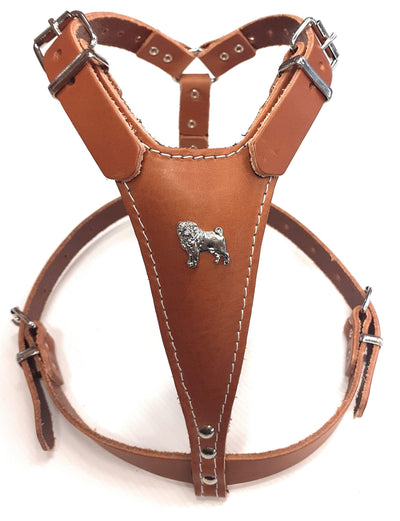 Brown Leather Dog Harness with Pug Head Motif
