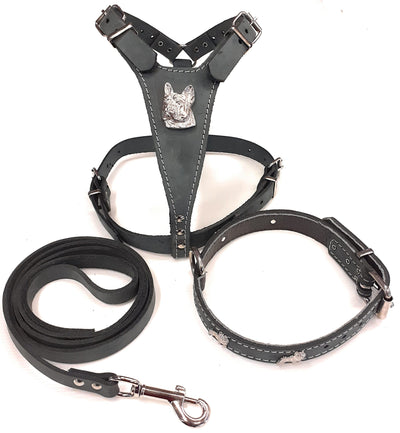 French Bulldog Leather Dog Harness Collar and Lead Set