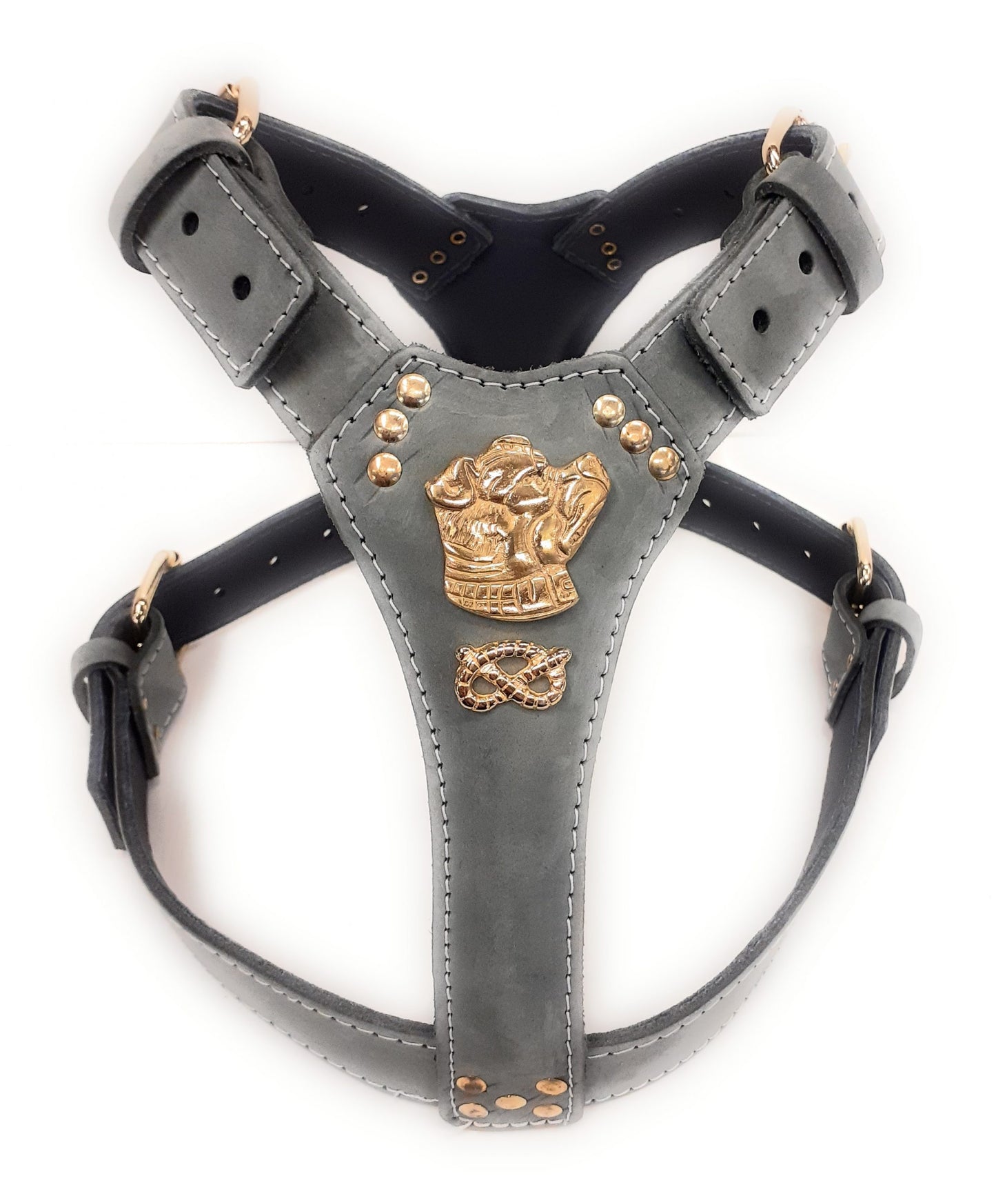 MD Gear Grey Leather Dog Harness Staffordshire Bullterrier Head Motif & Knot