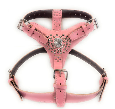 Extra Large Heavy Duty Baby Pink Leather Dog Harness with Studds and American Bulldog Badge