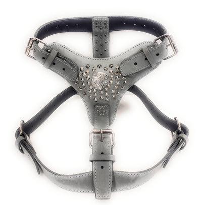 Extra Large Heavy Duty Grey Leather Dog Harness with Studds and American Bulldog Badge