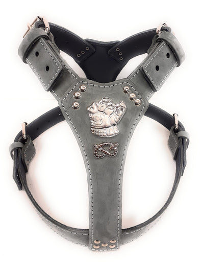 MD Gear Grey Leather Dog Harness Staffordshire Bullterrier Head Motif & Knot