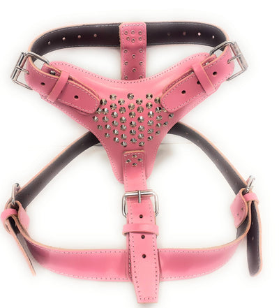 Extra Large Heavy Duty Deep Pink Leather Dog Harness with Studds