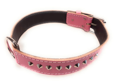1.25" Deep Pink Leather Dog Collar with Studded Design for Medium & Large Dog Breeds