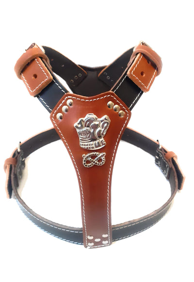 Two Tone Brown / Black Leather Dog Harness with Staffordshire Staffy Head Motif & Knot