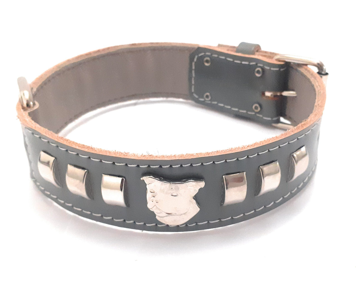 1.5" Grey Leather Dog Collar with Decorative Design and Staffy Badge