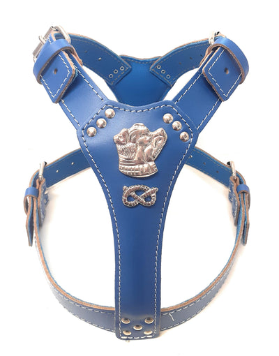 Staffy Blue Leather Dog Harness with Staffordshire Bullterrier Head Motif & Knot