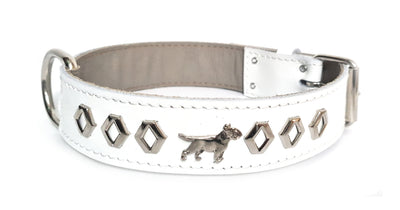 1.5" White Leather Dog Collar with Decorative Design and English Bull Terrier Badges