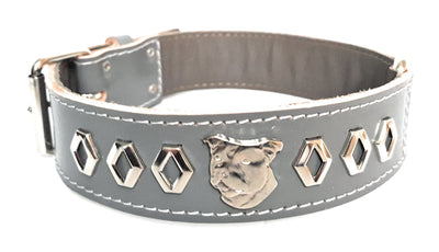 MD Gear 1.5" Staffy Grey Leather Dog Collar with Decorative Design and Staffordshire Bull Terrier Badge