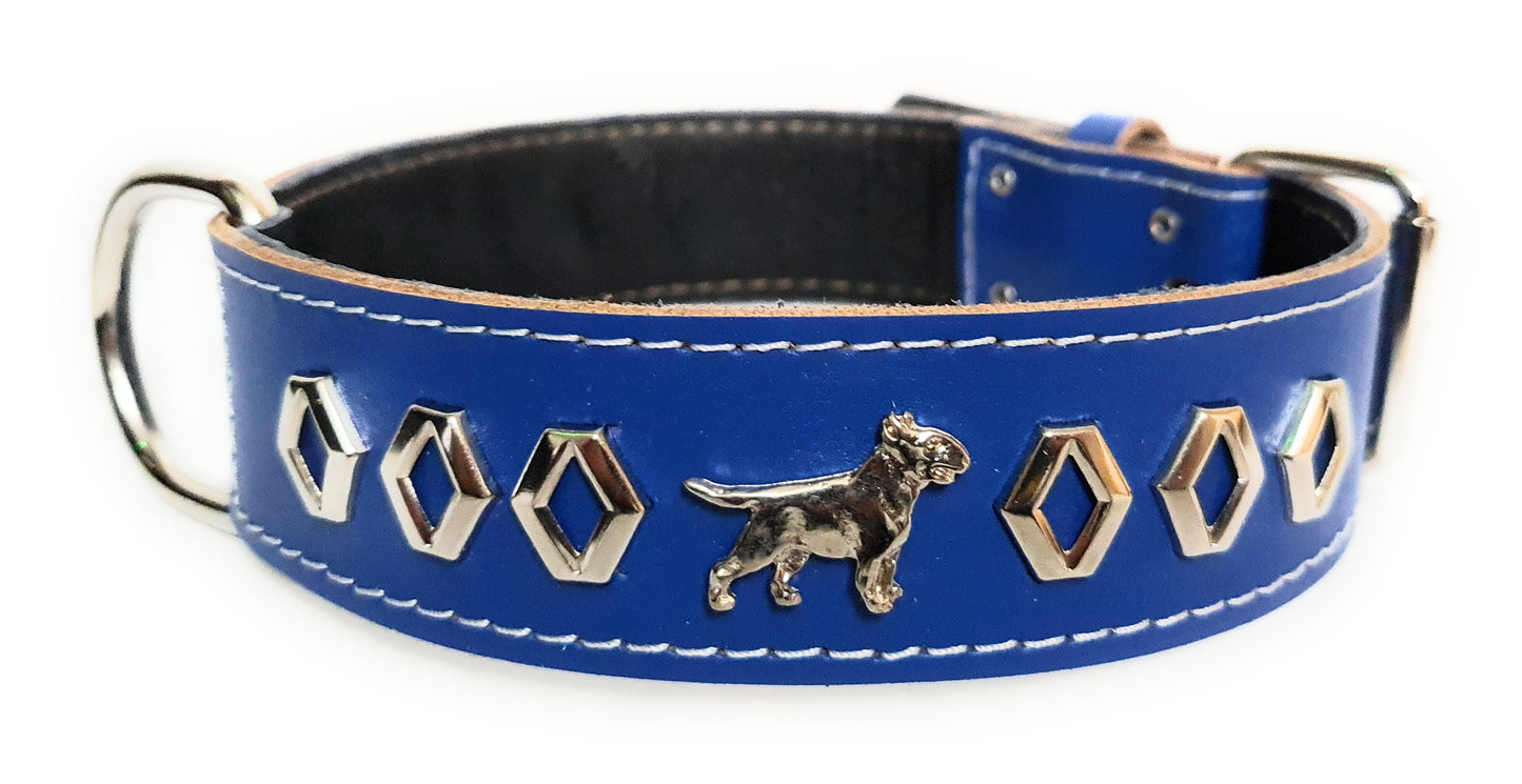 1.5" Blue Leather Dog Collar with Decorative Design and English Bull Terrier Badges