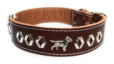 1.5" Brown Leather Dog Collar with Decorative Design and English Bull Terrier Badges