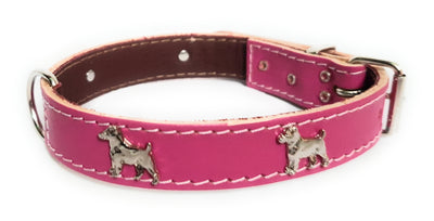 1" Deep Pink Leather Dog Collar with Jack Russell Badges