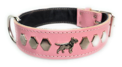1.5" Baby Pink Leather Dog Collar with Decorative Design and English Bull Terrier Badges