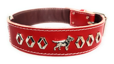 1.5" Red Leather Dog Collar with Decorative Design and English Bull Terrier Badges