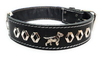 1.5" Black Leather Dog Collar with Decorative Design and English Bull Terrier Badges