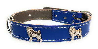 1" Blue Leather Dog Collar with Pug Badges