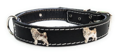 1" Black Leather Dog Collar with Pug Badges