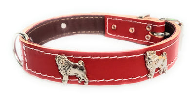 1" Red Leather Dog Collar with Pug Badges