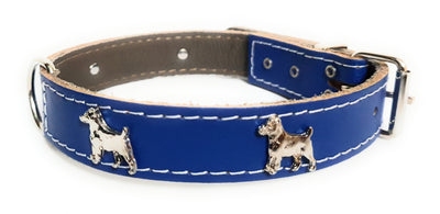1" Blue Leather Dog Collar with Jack Russell Badges