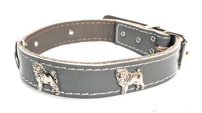 1" White Leather Dog Collar with Pug Badges