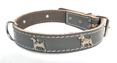 1" Grey Leather Dog Collar with Jack Russell Badges