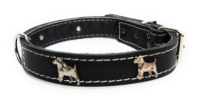 1" Black Leather Dog Collar with Jack Russell Badges