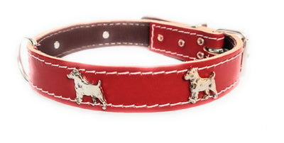 1" Red Leather Dog Collar with Jack Russell Badges