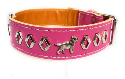 1.5" Deep Pink Leather Dog Collar with Decorative Design and English Bull Terrier Badges