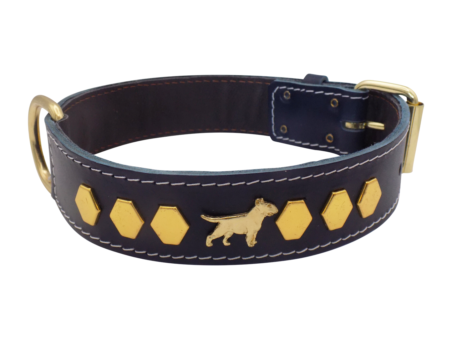 1.5" wide Leather Dog Collar with Decorative Gold Design and English Bull Terrier Badges
