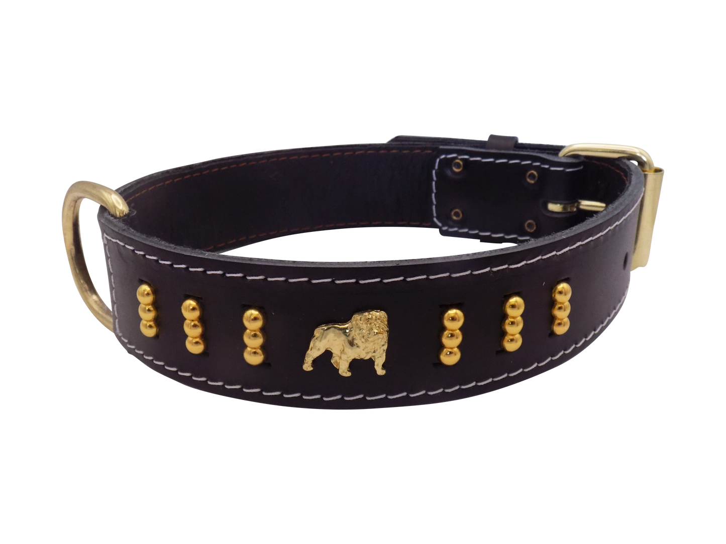 1.5" wide Leather Dog Collar with Unique Gold Design and English Bulldog Badges Style-4