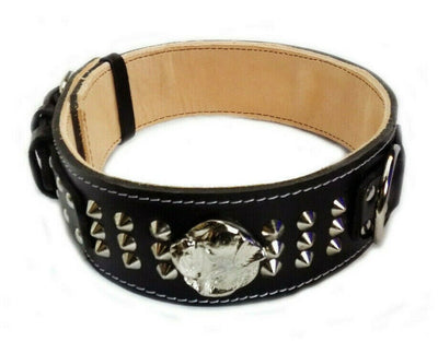 2.5 inch Black Leather Dog Collar with American Bulldog Head motif and Studds
