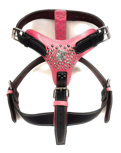 Two Tone Extra Large Heavy Deep Pink / Black Leather Dog Harness with Studds and American Bulldog Badge