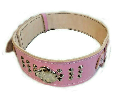 2.5 inch Baby Pink Leather Dog Collar with American Bulldog head motif and Studds