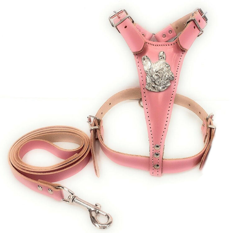 Set Leather Dog Harness with French Bulldog Head Motif and Matching Leather Lead