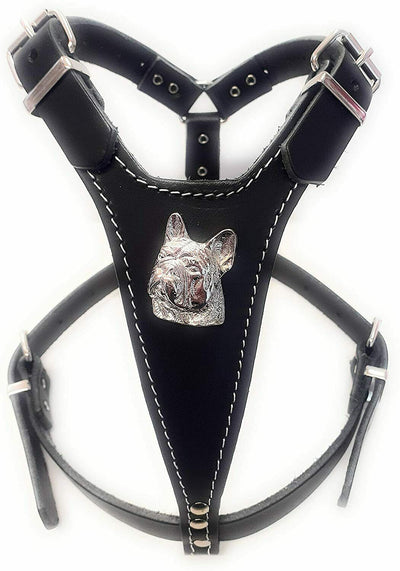Black Leather Dog Harness with French Bulldog Head Motif
